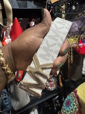 White Textured Leather Belt with Gold Accent - Women Bags
